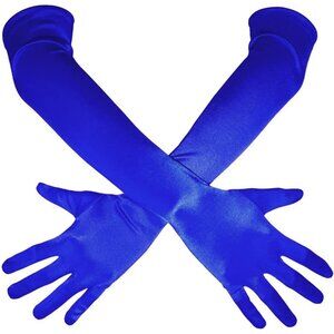 Women's Blue Shiny Satin Long Gloves Elbow Length Wedding Dancing Party Tea